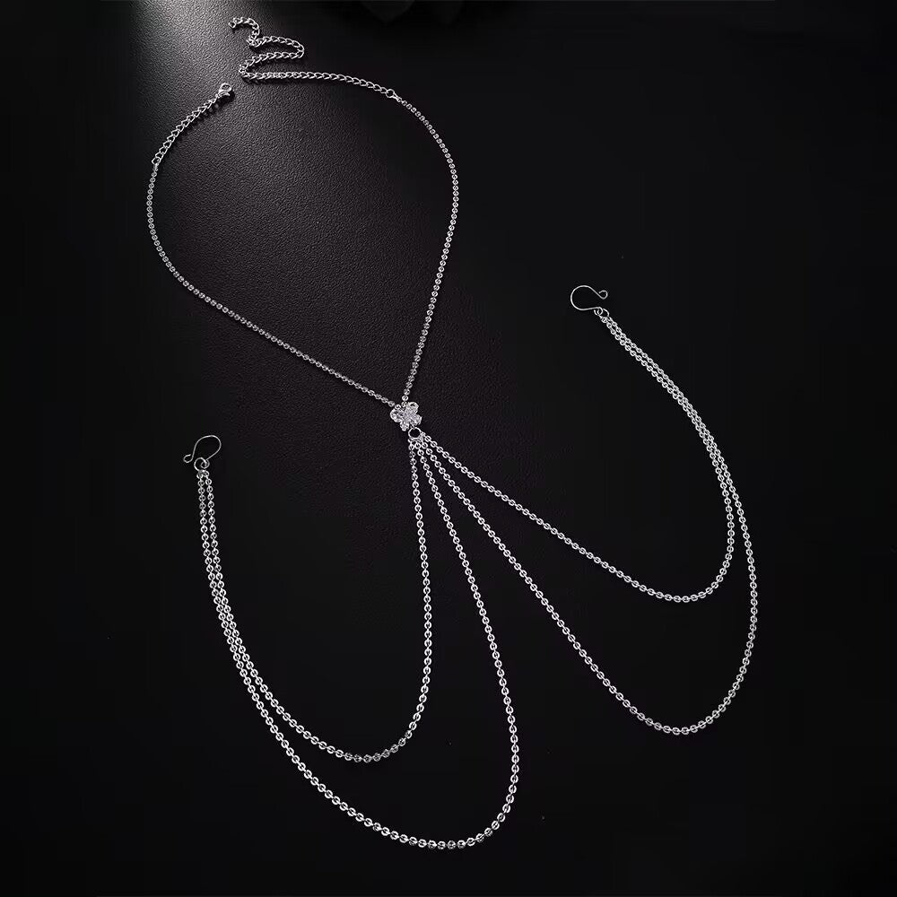 Complete pair of sexy silver breast tassel body harness jewelry featuring a choker necklace design and non-piercing loops for festival fashion.