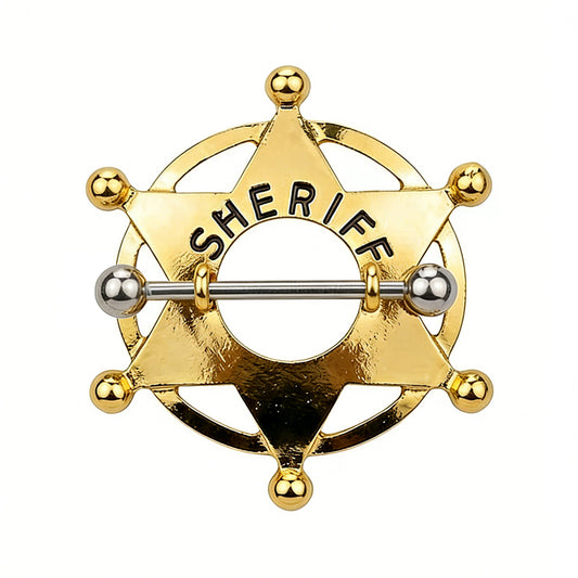 Gold sheriff badge nipple shield with center barbell and star design