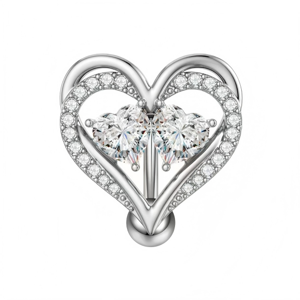 Front view of a shimmering silver-tone heart-in-heart navel ring with crystal accents.