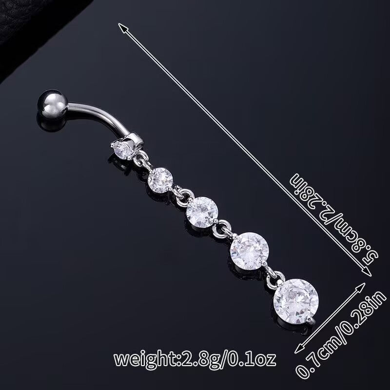 Product size diagram for round dangle belly ring showing 5.8cm length and weight specification.