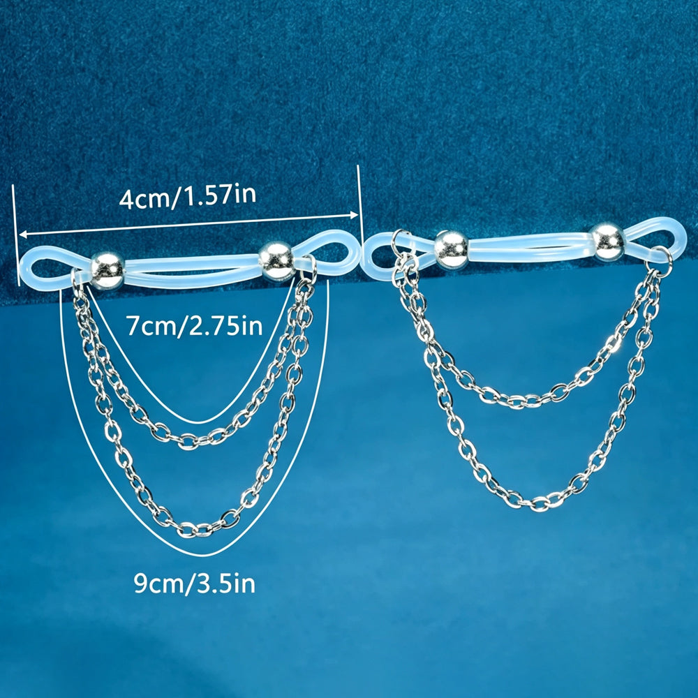 Product size diagram for a pair of silicone nipple clamps showing 4cm loop and 7cm to 9cm silver double chains.
