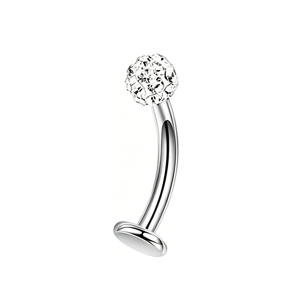 Minimalist silver color 14G curved barbell reverse belly piercing jewelry with a flat disc back and clear rhinestone ball.