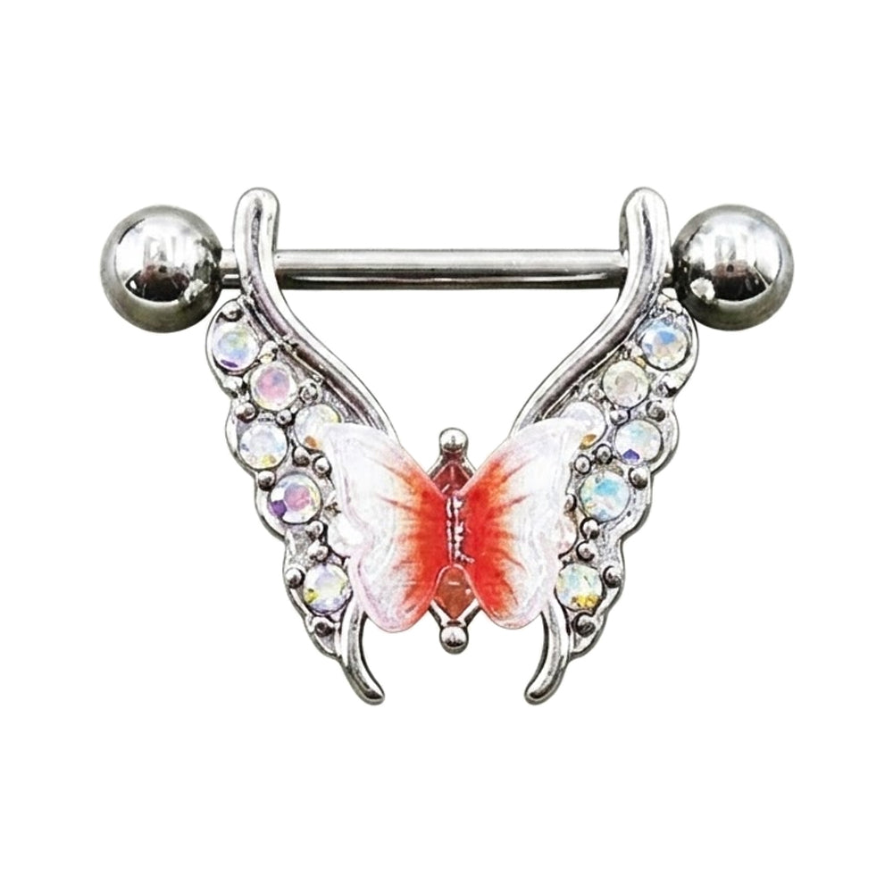 Silver butterfly wing nipple shield body jewelry featuring a 3D gradient red and white miniature butterfly