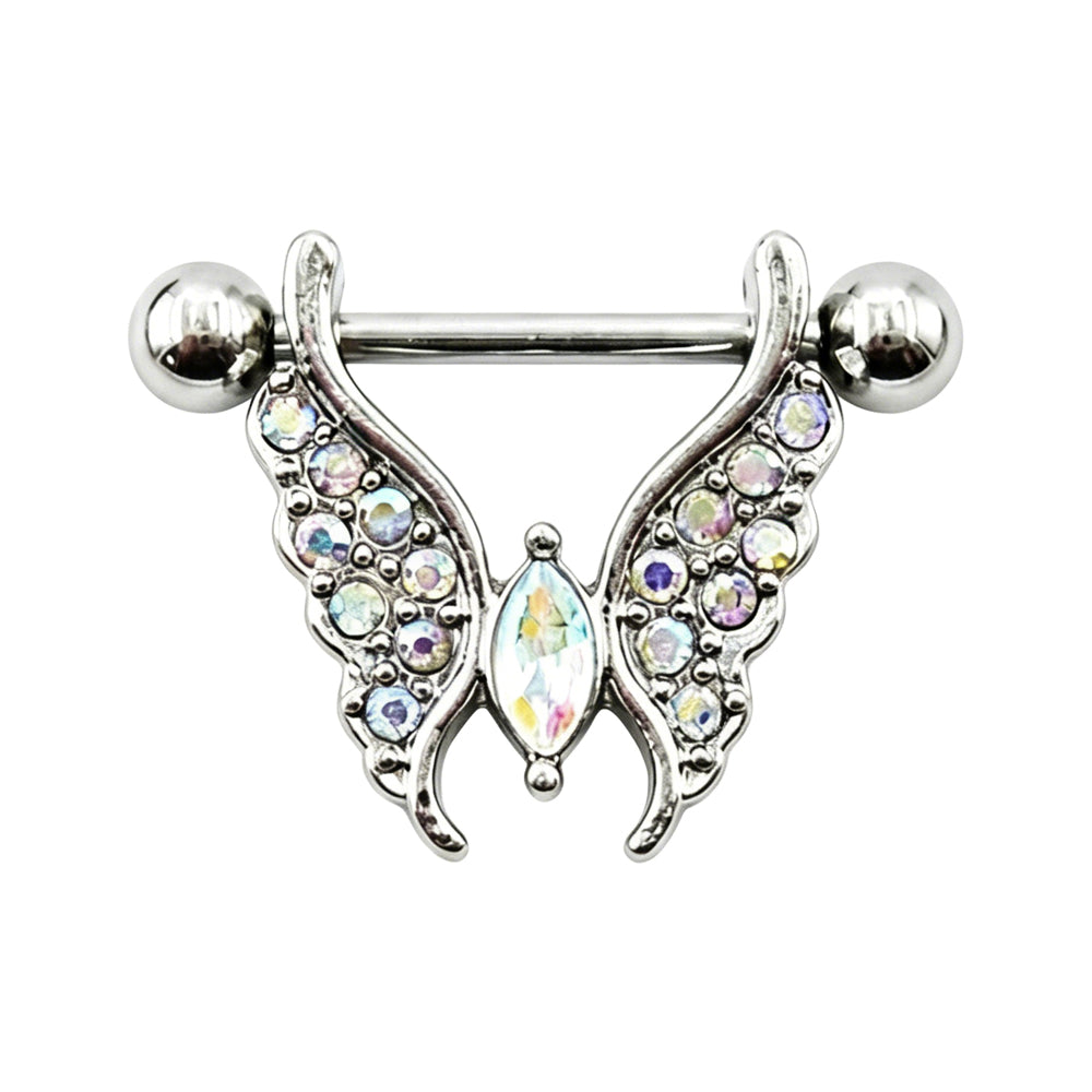 Silver hollowed moth wing nipple shield jewelry with iridescent AB aurora crystals
