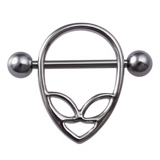 Front view of a polished silver alien head nipple shield piercing on a white background.
