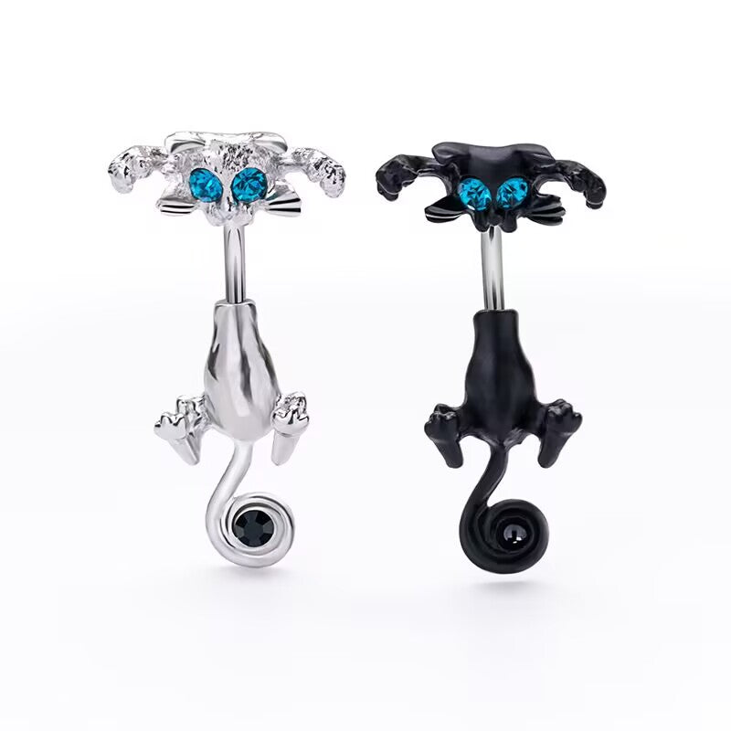 Comparison display of silver cat and black cat belly button rings side-by-side.