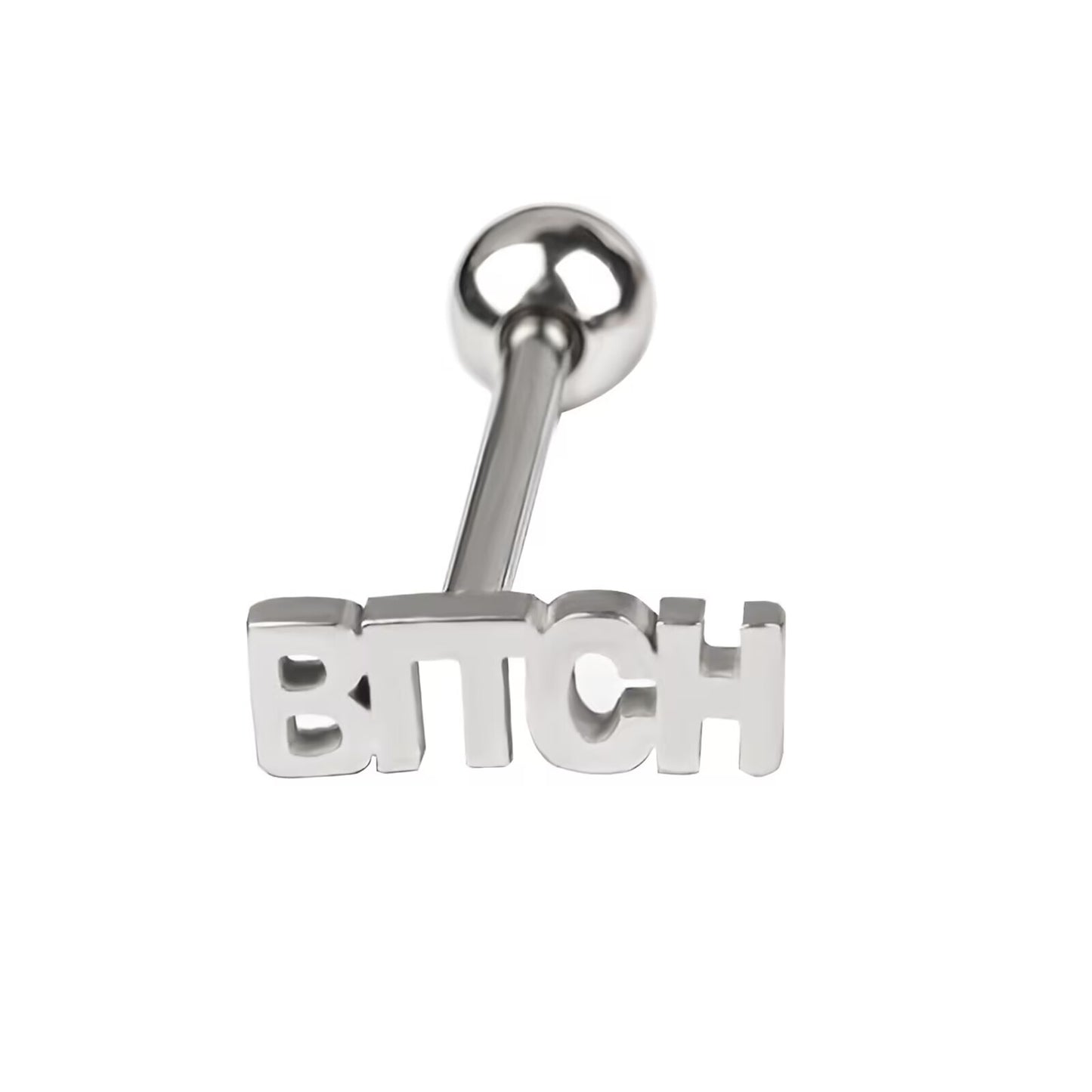 Single silver BITCH letter tongue piercing barbell isolated on white background.