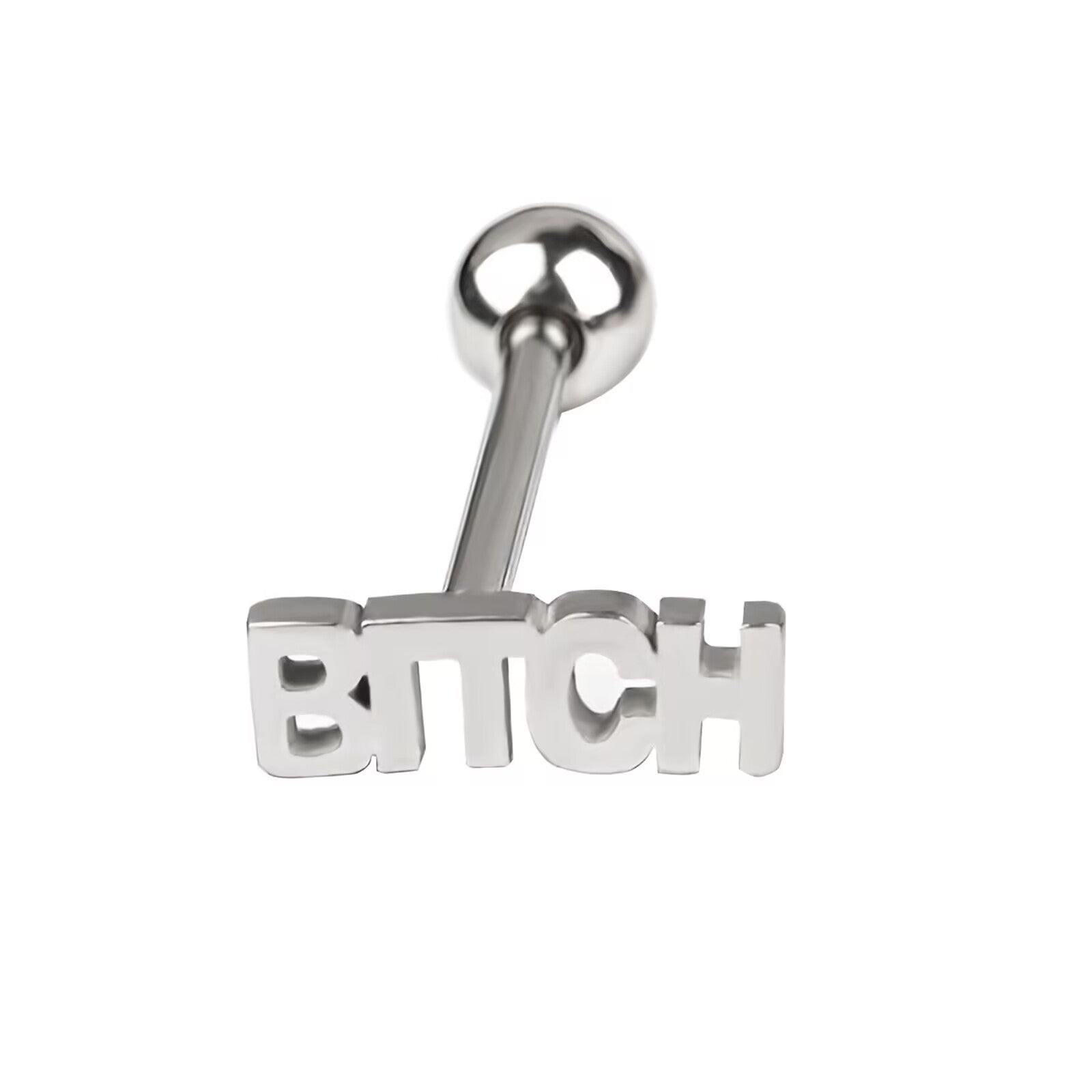Single silver BITCH letter tongue piercing barbell isolated on white background.
