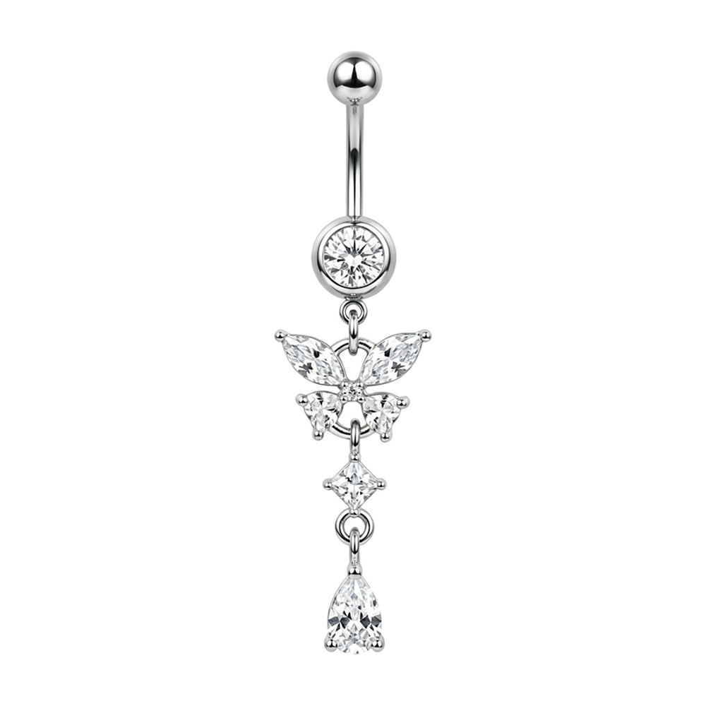 Silver pierced curved barbell belly button ring with CZ butterfly and teardrop dangle pendant.
