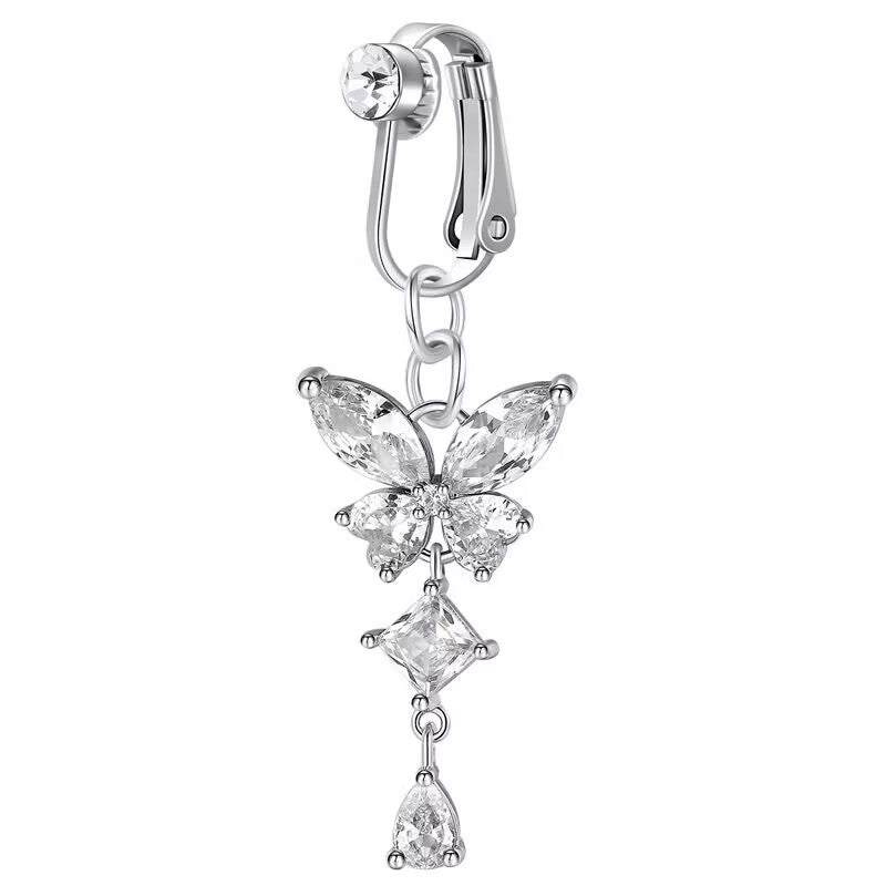 Silver non-pierced clip-on butterfly navel ring featuring sparkling cubic zirconia teardrop dangle.