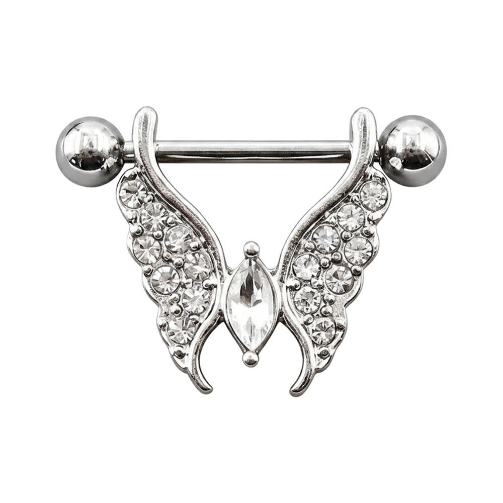 Silver hollow butterfly wing nipple shield piercing with clear crystals and center marquise stone