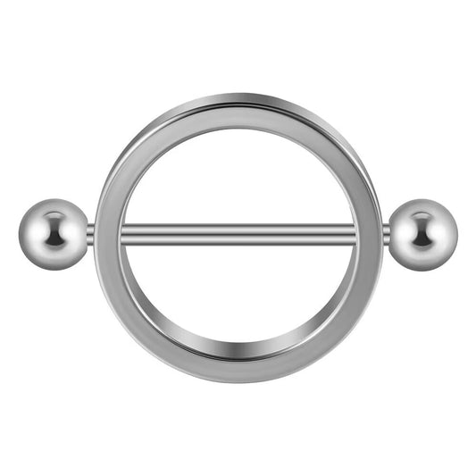 Silver toned minimalist circular nipple shield with straight barbell.