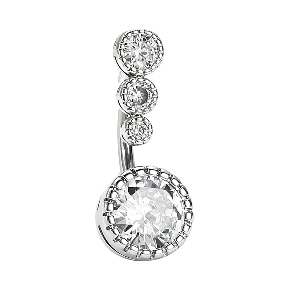 Silver clear triple cubic zirconia curved top belly button piercing jewelry with round centerpiece