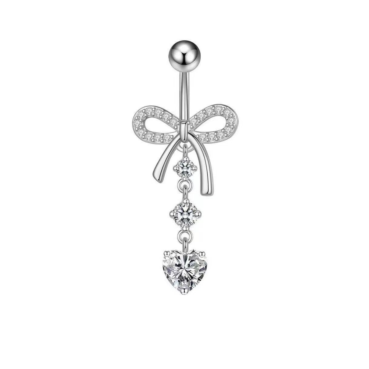 Silver coquette aesthetic bowknot belly ring with white crystal dangle.