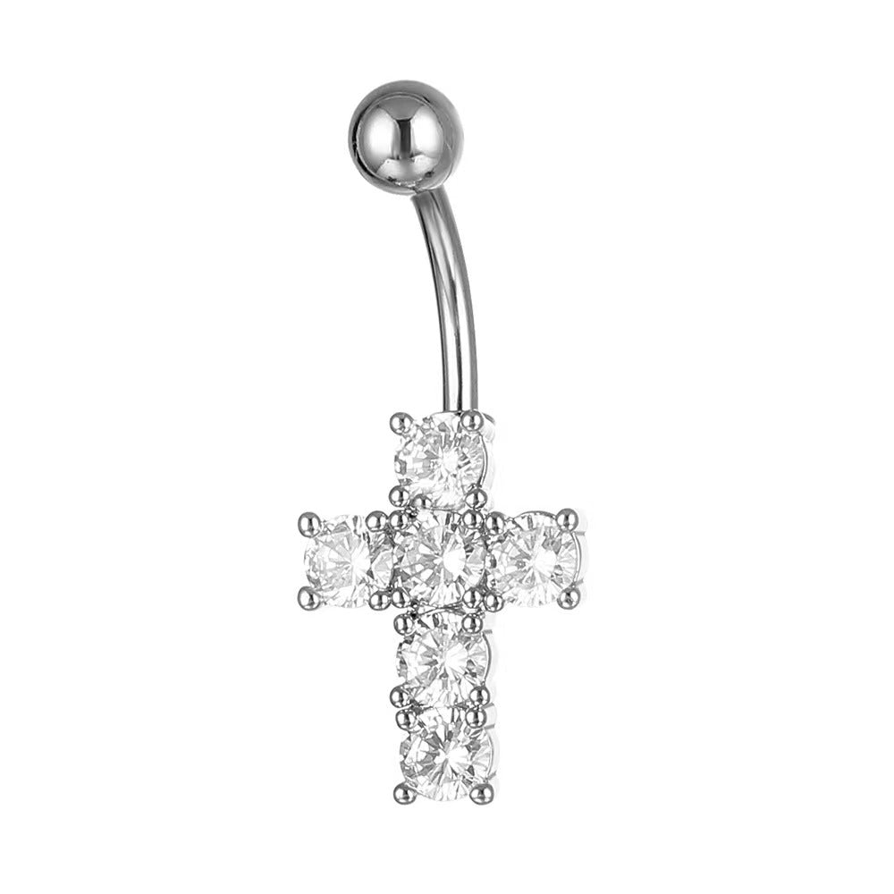 Silver cubic zirconia cross belly button ring for navel piercing jewelry.