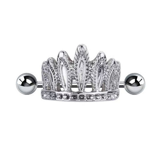 Front view of a silver crown nipple shield barbell with crystal accents on a white background.