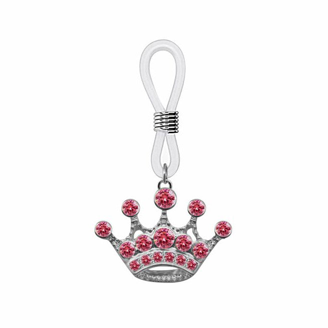 Silver-toned crown non-piercing nipple clamp featuring pink rhinestones and adjustable loop.