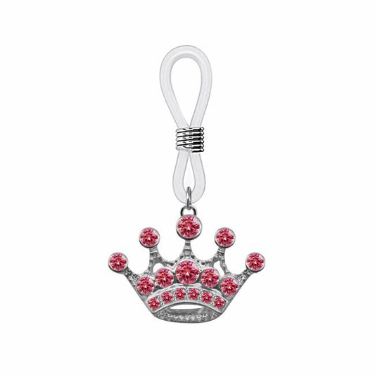 Silver-toned crown non-piercing nipple clamp featuring pink rhinestones and adjustable loop.