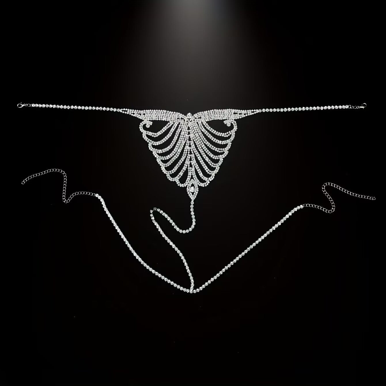 Full view of silver crystal butterfly lingerie body chain with adjustable lobster clasps.