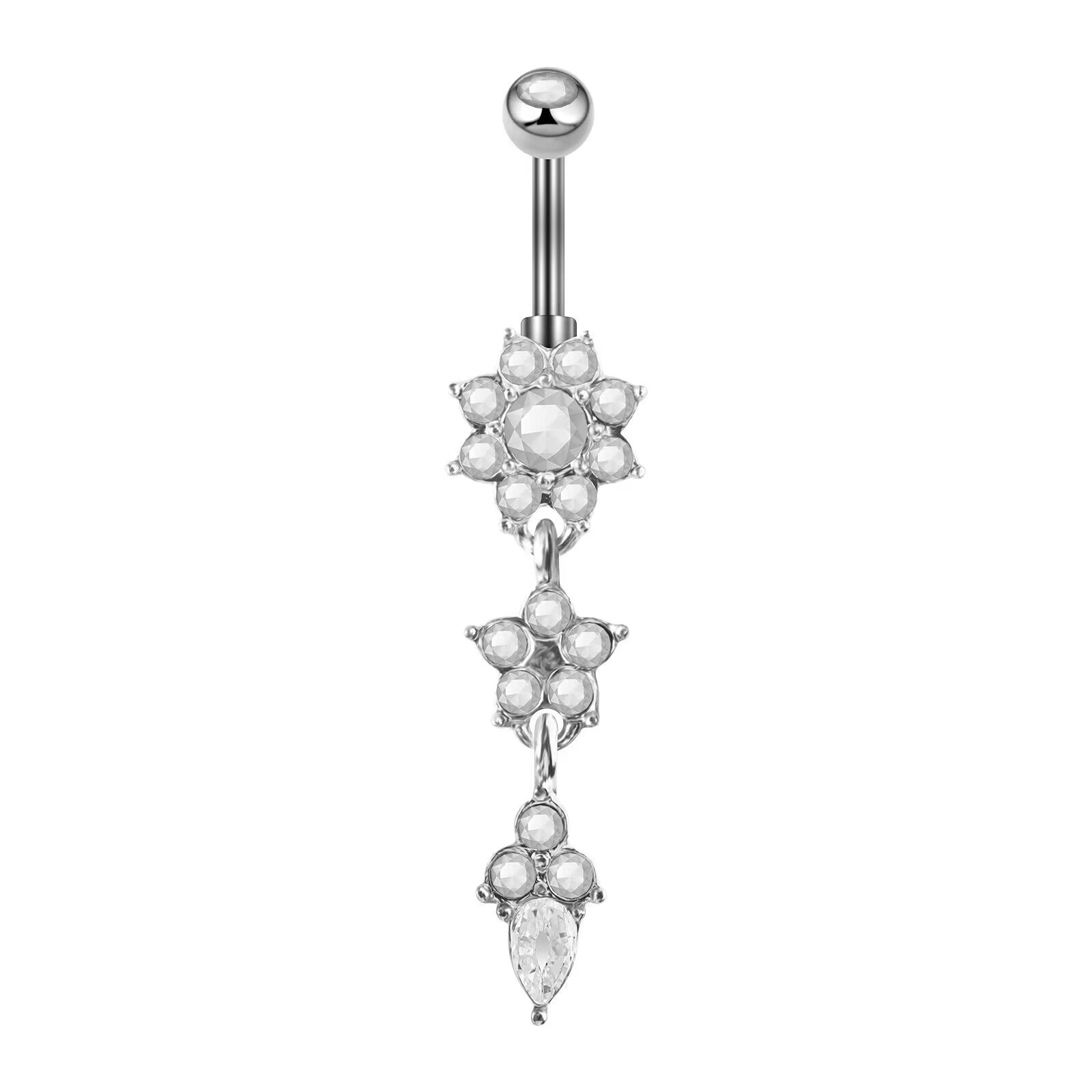 Silver crystal flower dangle belly button ring featuring 14G curved barbell and teardrop cz pendant for navel piercing.