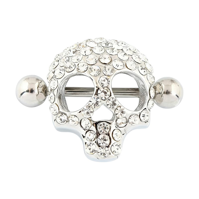 Front view of a silver skull nipple shield with clear crystal pave embellishments on a white background.