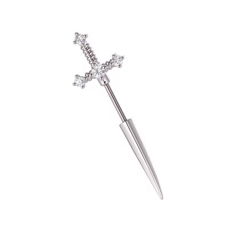 Single silver crystal dagger sword stud earring with pave clear zircon gems on a white background.