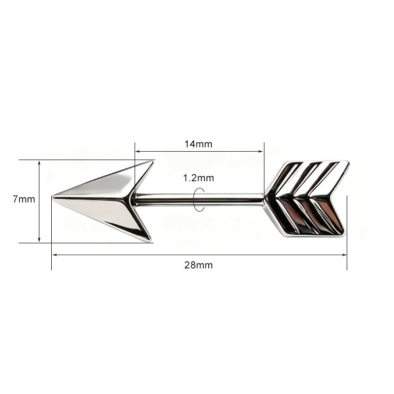 Silver cupid arrow design nipple barbell showing 1.2mm gauge and 14mm bar length.