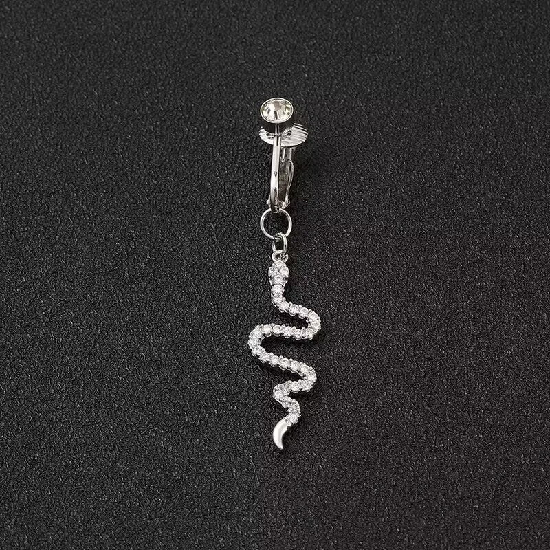 Non-pierced silver snake dangle fake belly button ring clip on jewelry with sparkling cz crystals for women