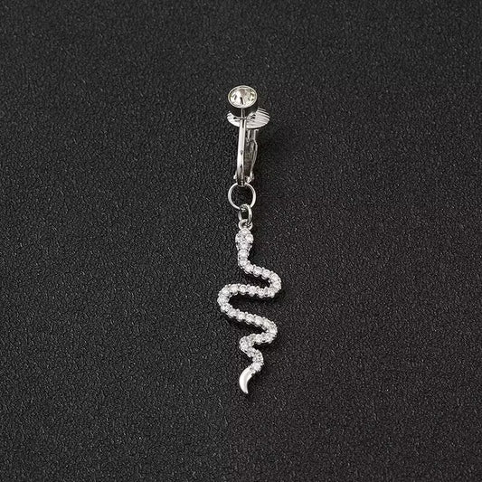 Non-pierced silver snake dangle fake belly button ring clip on jewelry with sparkling cz crystals for women