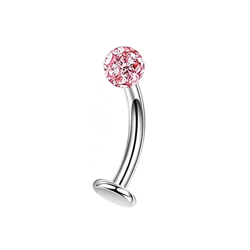 Surgical steel 14G curved labret style belly ring with a flat bottom base and an externally threaded post with a pink crystal ball.