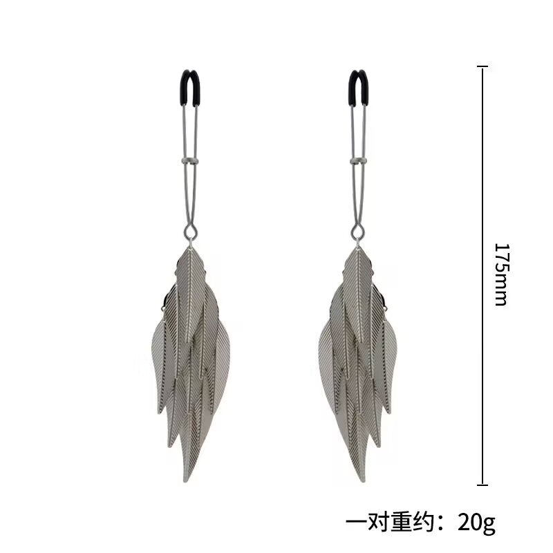 Silver-tone adjustable body jewelry with cascading feather tassels, measuring 175mm in length.
