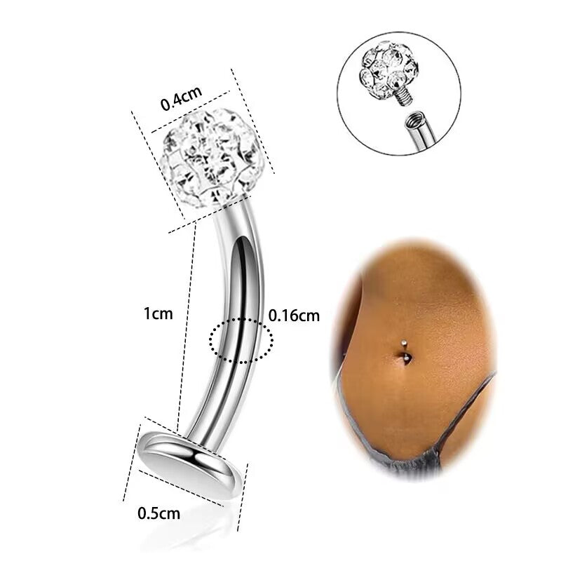 Product diagram of a silver 14G curved barbell belly piercing with a 0.5cm flat disc base, 1cm length, and 0.4cm clear diamond sphere.