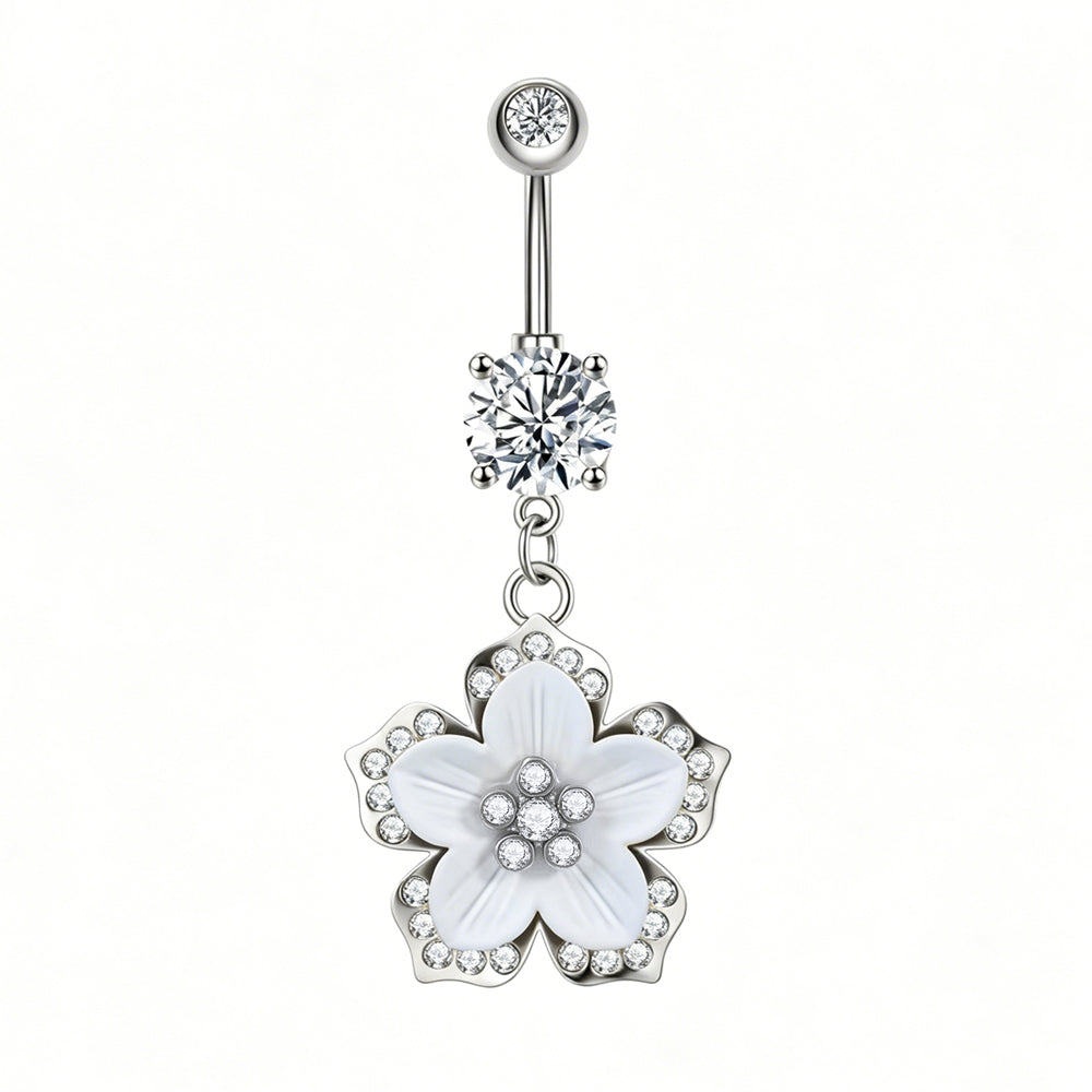 Elegant silver-tone belly button ring with a sparkling white petal flower charm.