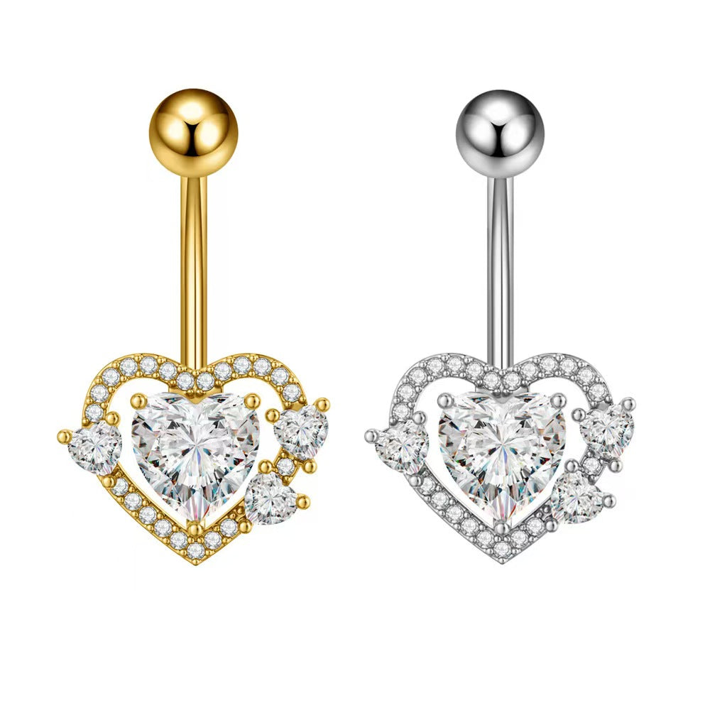 Stylish collection of silver and gold heart-themed belly button jewelry.