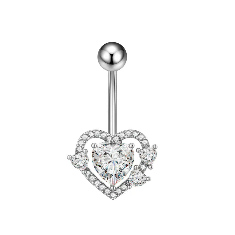 Elegant silver heart-shaped navel piercing jewelry for women.