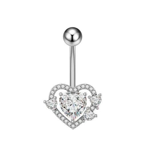 Elegant silver heart-shaped navel piercing jewelry for women.