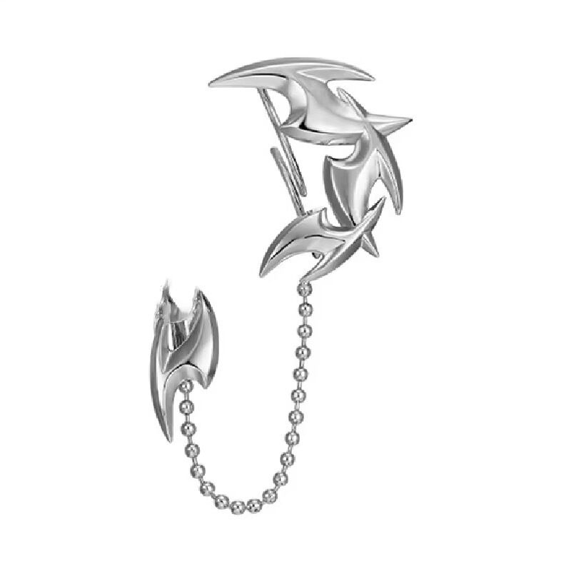 Silver liquid metal flame ear cuff connected by ball chain on pure white background