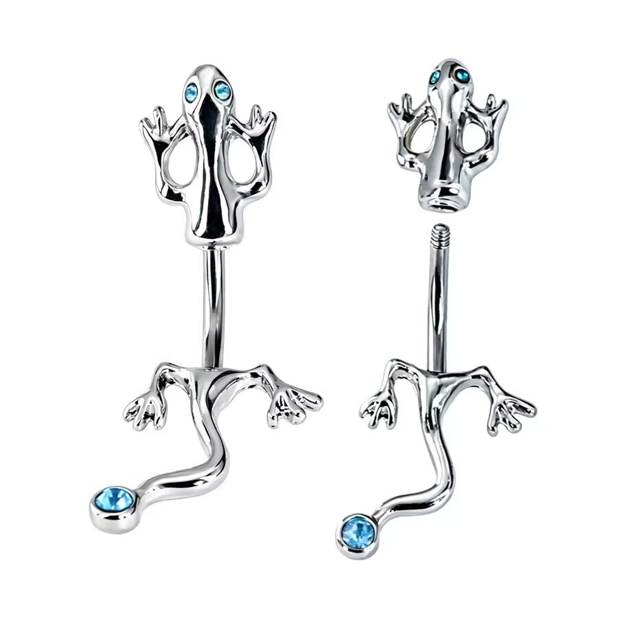 Side-by-side view showing the assembled lizard navel ring and the unthreaded top piece with blue CZ stones.