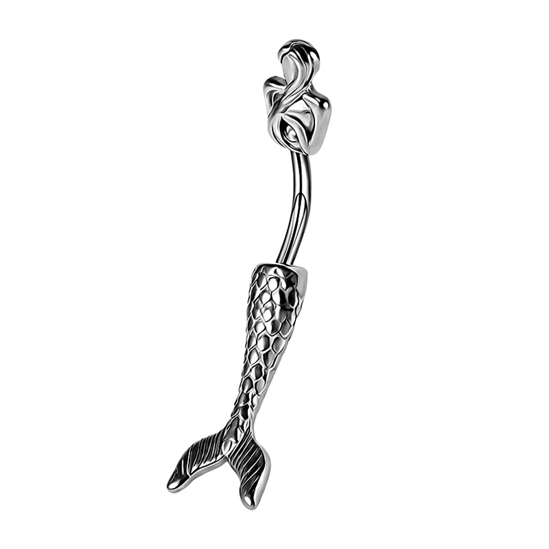 Silver mermaid belly button ring featuring a two-piece mermaid silhouette with a 14G curved navel barbell.