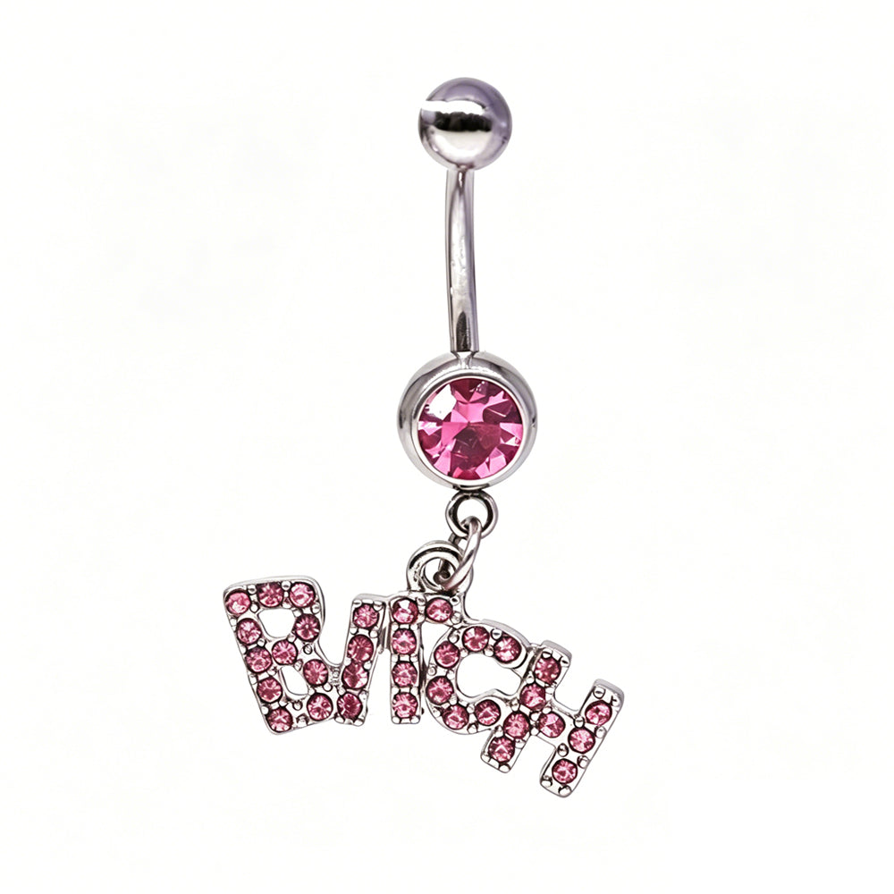 Silver curved barbell navel piercing jewelry featuring a large pink crystal and a dangling Bitch letter charm iced out with pink rhinestones.