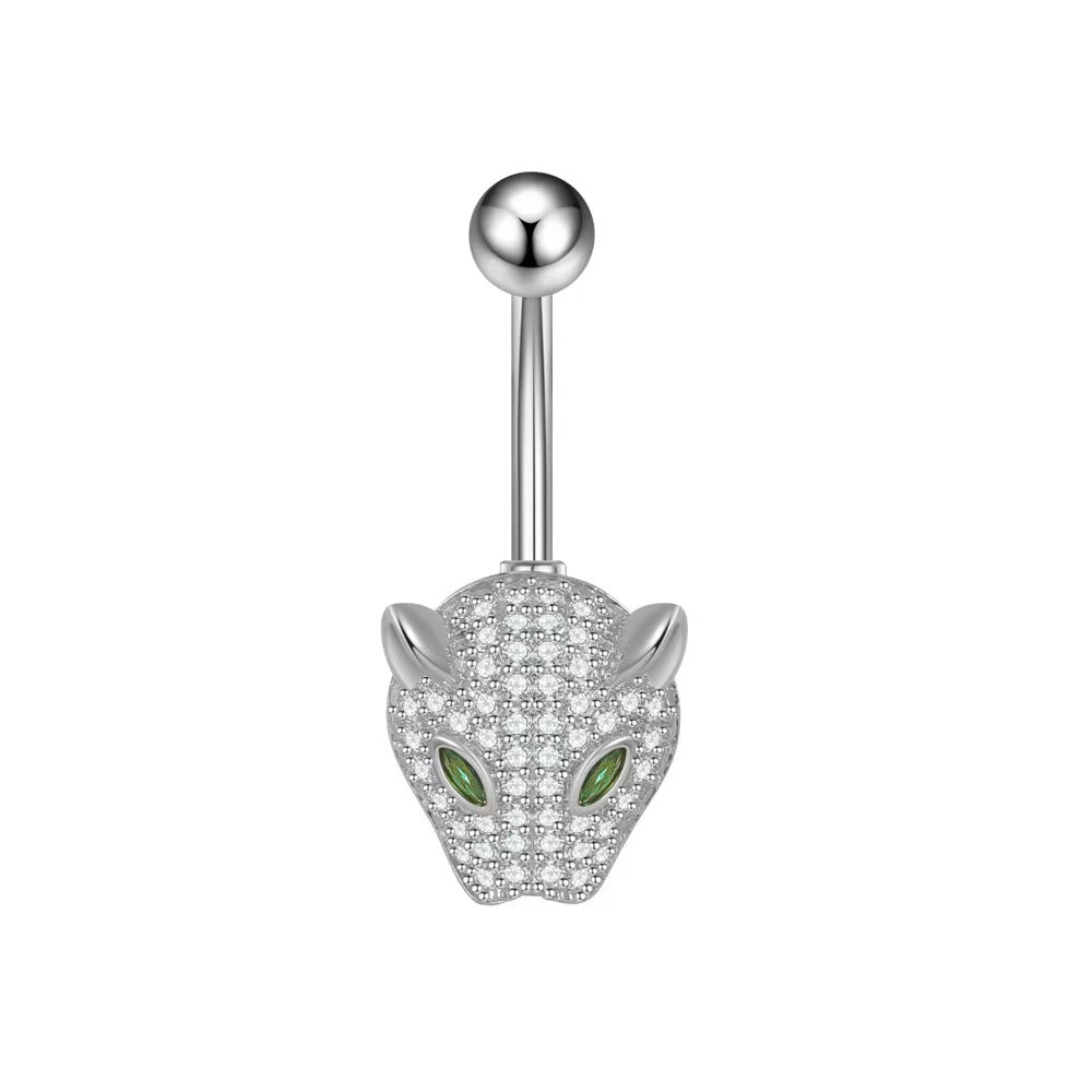Front view of a silver panther head belly button ring with white crystals and green eyes.