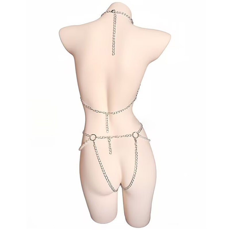 Back view of silver pearl body harness chain highlighting adjustable neck and waist clasps.