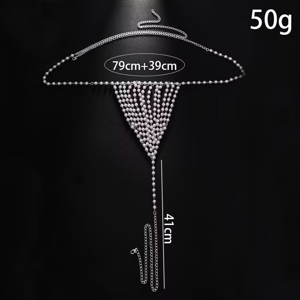 Flat lay product diagram of silver pearl thong body chain with size measurements (79cm+39cm waist, 41cm drop) and 50g weight.