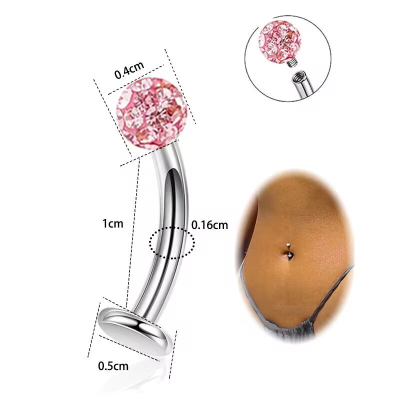 Technical measurement image for a silver 14G 10mm reverse navel jewelry showing external thread mechanism and pink pave crystal ball.