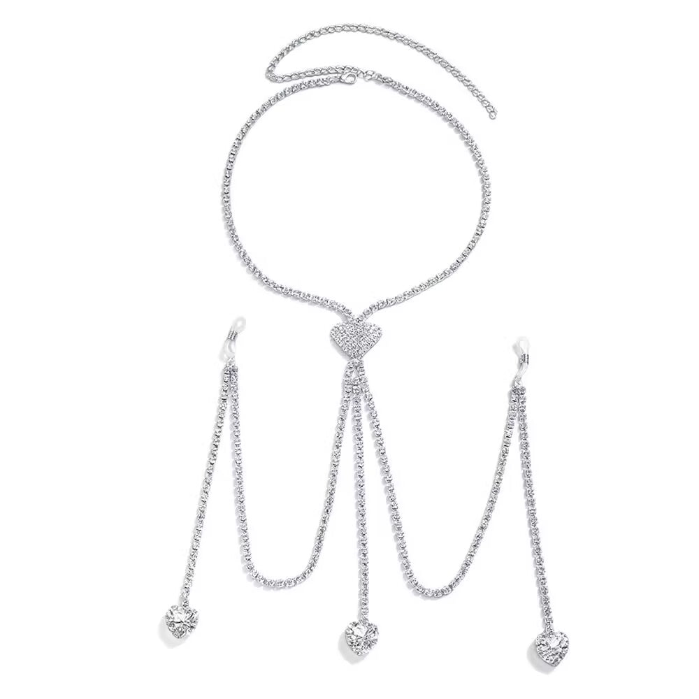 Full layout of silver rhinestone choker body harness featuring non-pierced nipple clamp chains