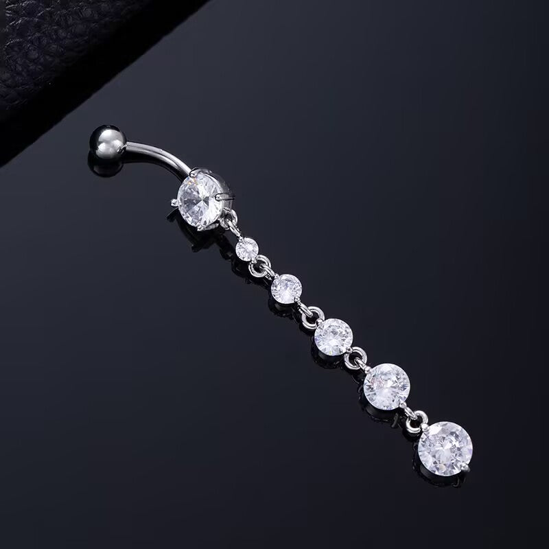 Silver curved barbell belly ring with cascading round cubic zirconia crystals.