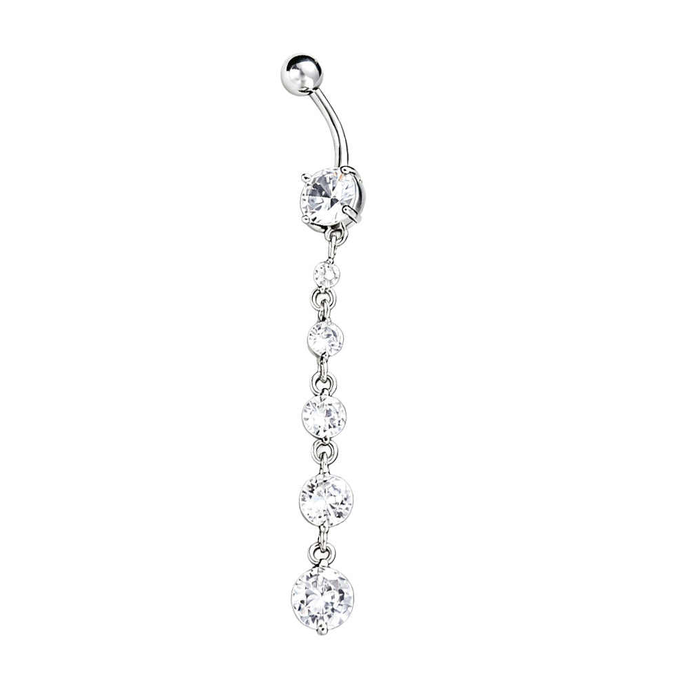 Silver dangle belly button ring with round CZ crystals isolated on a clean white background.