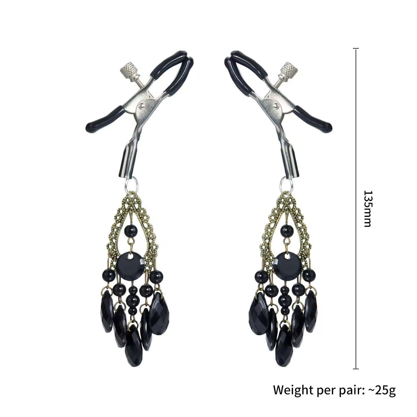 Pair of silver screw-adjustable alligator nipple clamps with black crystal dangles measuring 135mm and 25g.