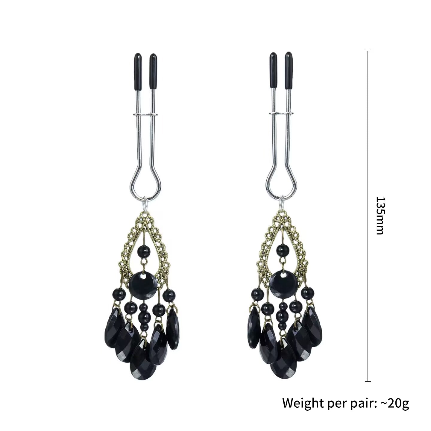Silver slide tension non-pierced nipple clamps with rubber caps and black teardrop dangles, 135mm long.