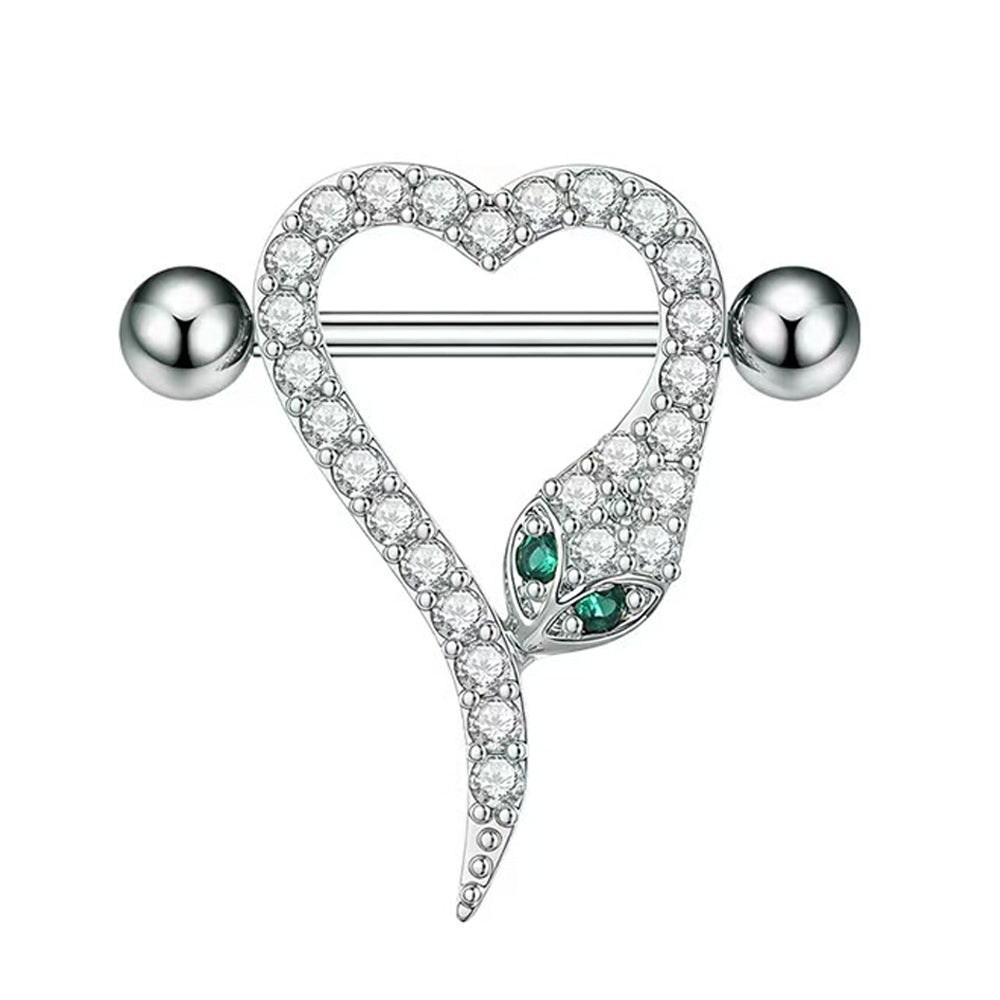 Elegant silver heart nipple piercing featuring a shimmering serpent design.